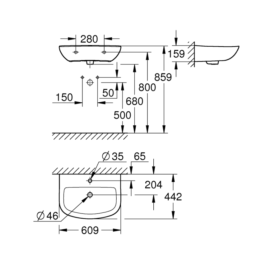 GROHE 39421000 - Подвесной умывальник BAU CERAMIC 609 × 442 мм керамика/белый