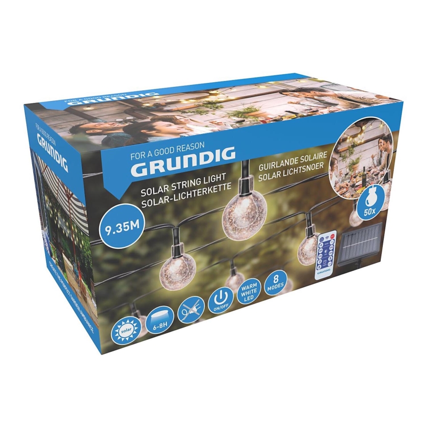 Grundig - LED гірлянда на сонячній батареї з регулюванням яскравості 50xLED/8 функцій 9,35м теплий білий + пульт дистанційного керування