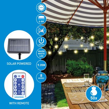 Grundig - LED гірлянда на сонячній батареї з регулюванням яскравості 50xLED/8 функцій 9,35м теплий білий + пульт дистанційного керування