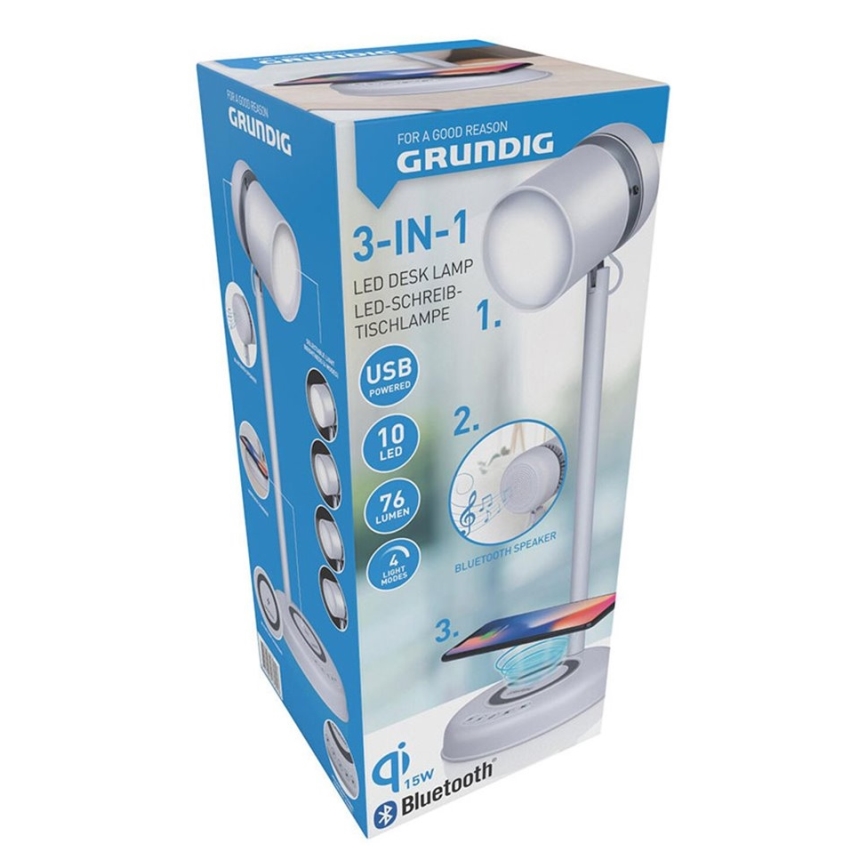 Grundig - LED-настільна лампа 3 в 1 з бездротовою зарядкою та вбудованим динаміком LED/15W/5V