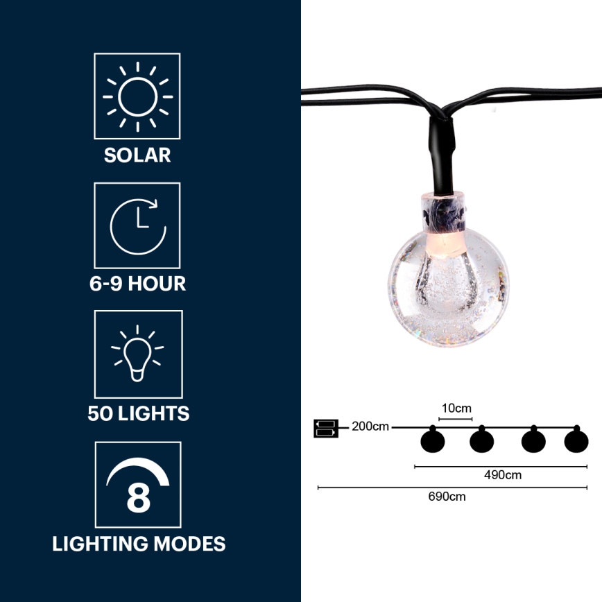 Grundig - Світлодіодний сонячний гірлянд 50xLED/8 функцій 6,9 м тепле біле світло 600 мАг