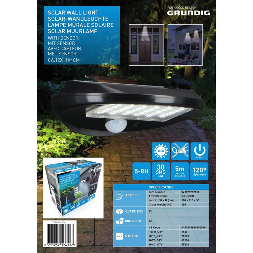 Grundig - НАБОР 2x Светодиодная настенный светильник на солнечной батарее с датчиком LED/3,2V