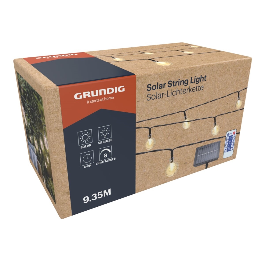 Grundig - Светодиодная гирлянда на солнечной батарее с регулированием яркости 50xLED/8 функций 9,35 м IP44 теплый белый + дистанционное управление