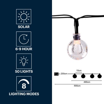 Grundig - Светодиодная гирлянда на солнечной батарее 50xLED/8 функций 6,9 м теплый белый