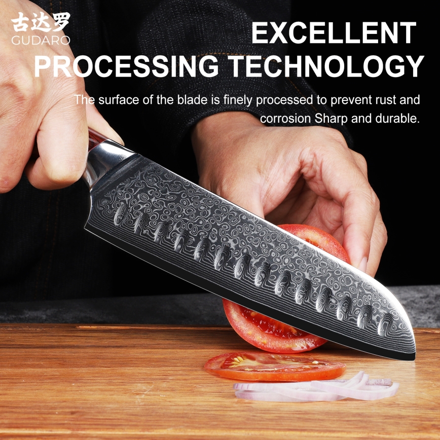 Gudaro - Дамаський кухонний ніж Santoku KENSHO 7, 67 шарів сталі, довжина 17,5 см