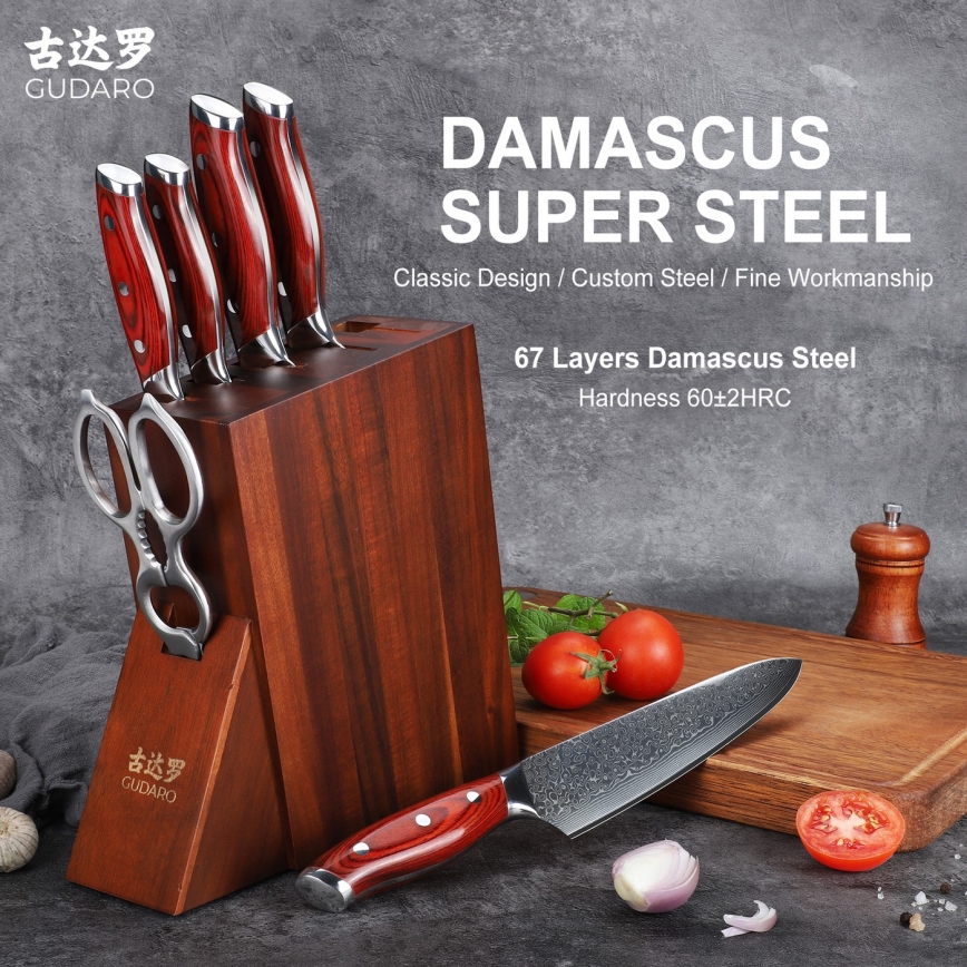 Gudaro - Набір кухонних ножів у підставці KENSHO 7 шт акація