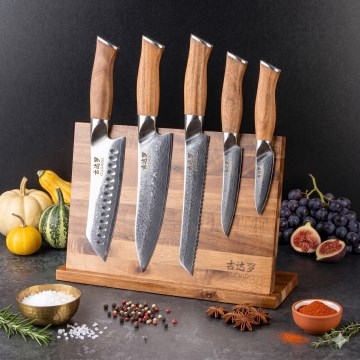 Gudaro - Набор из 5 дамасских кухонных ножей TAKUMI + магнитный держатель