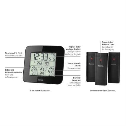 Hama - Метеостанция с LCD-дисплеем и будильником 3xAAA + 3x датчик 2xAA