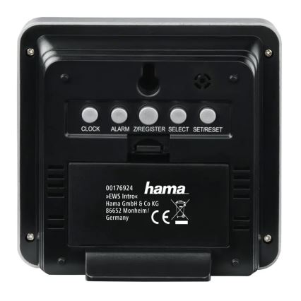 Hama - Метеостанція з РК-дисплеєм та будильником 2xAA чорний/сірий