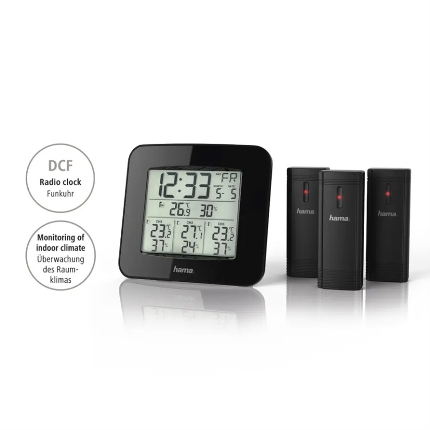 Hama - Метеостанція з РК-дисплеєм та будильником 3xAAA + 3x датчик 2xAA