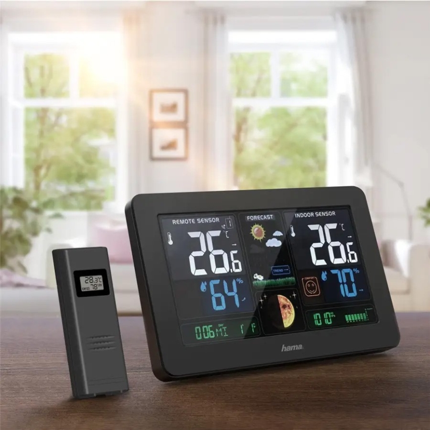 Hama - Метеостанція з кольоровим РК-дисплеєм та будильником + USB чорний