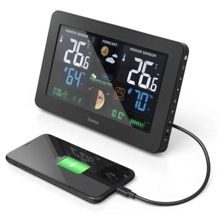 Hama - Метеостанція з кольоровим РК-дисплеєм та будильником + USB чорний