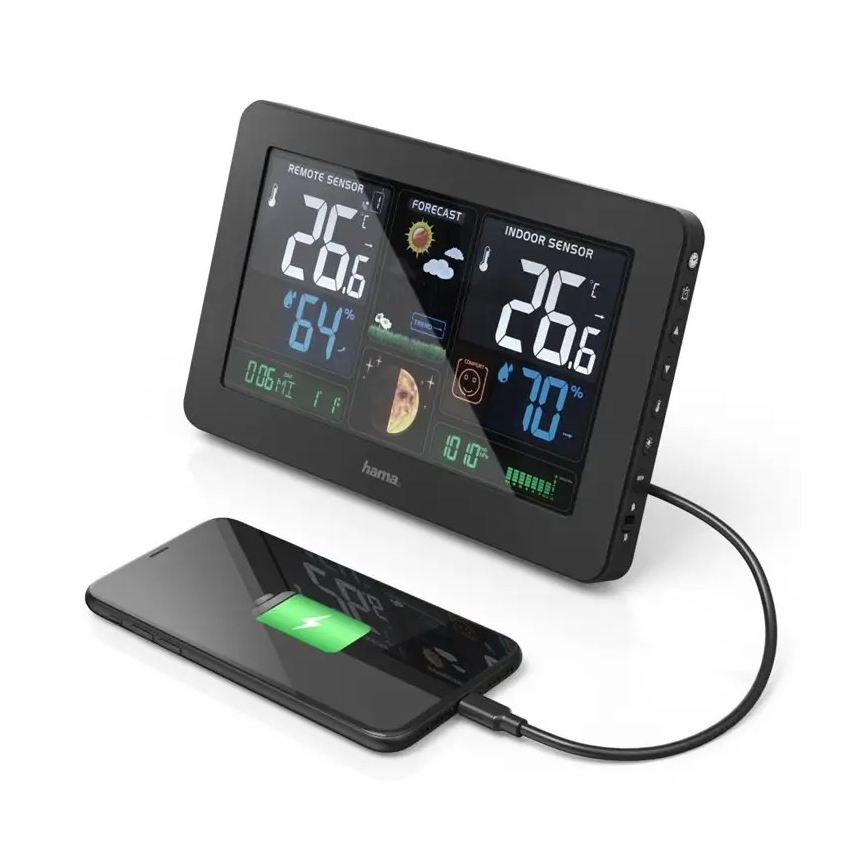 Hama - Метеостанція з кольоровим РК-дисплеєм та будильником + USB чорний