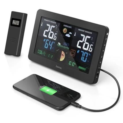 Hama - Метеостанція з кольоровим РК-дисплеєм та будильником + USB чорний