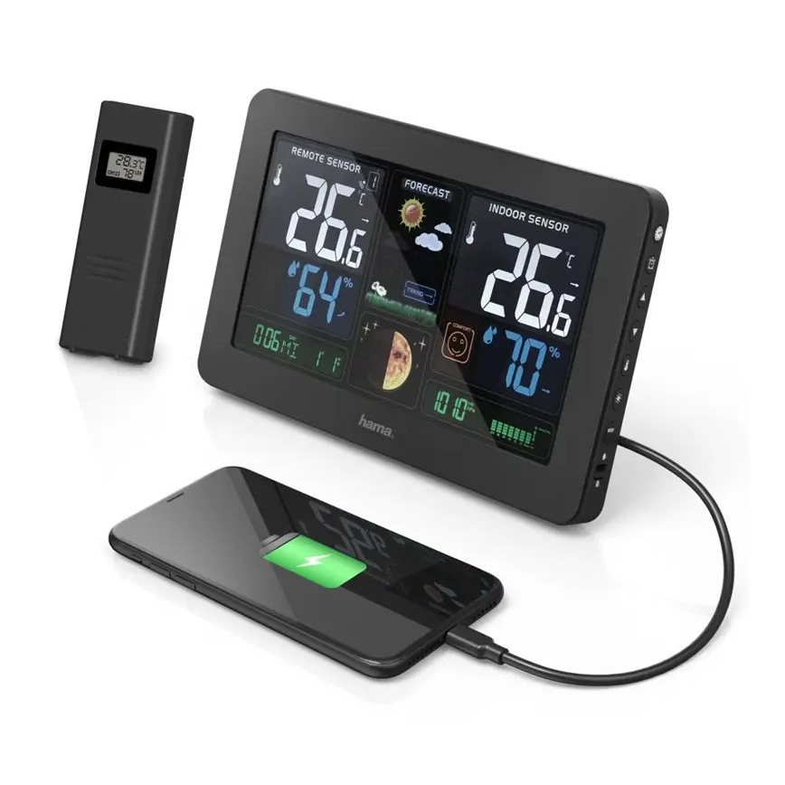 Hama - Метеостанція з кольоровим РК-дисплеєм та будильником + USB чорний