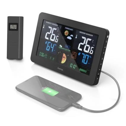 Hama - Метеостанція з кольоровим РК-дисплеєм та будильником + USB чорний