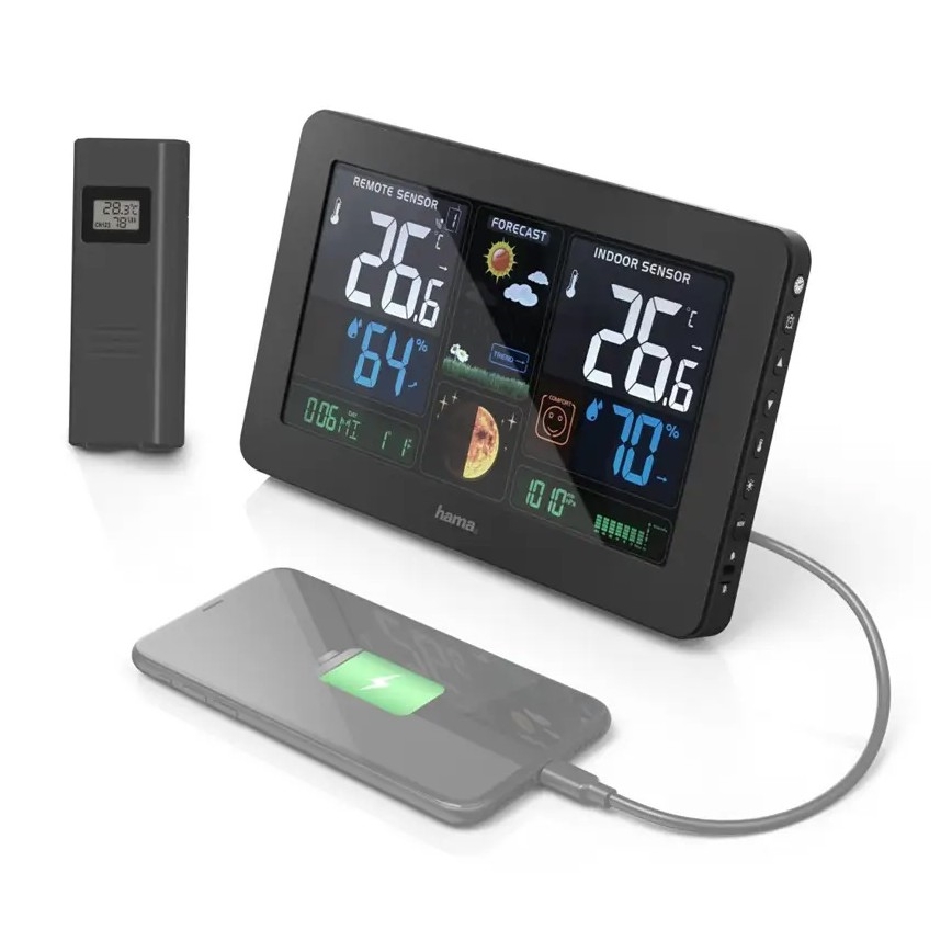 Hama - Метеостанція з кольоровим РК-дисплеєм та будильником + USB чорний