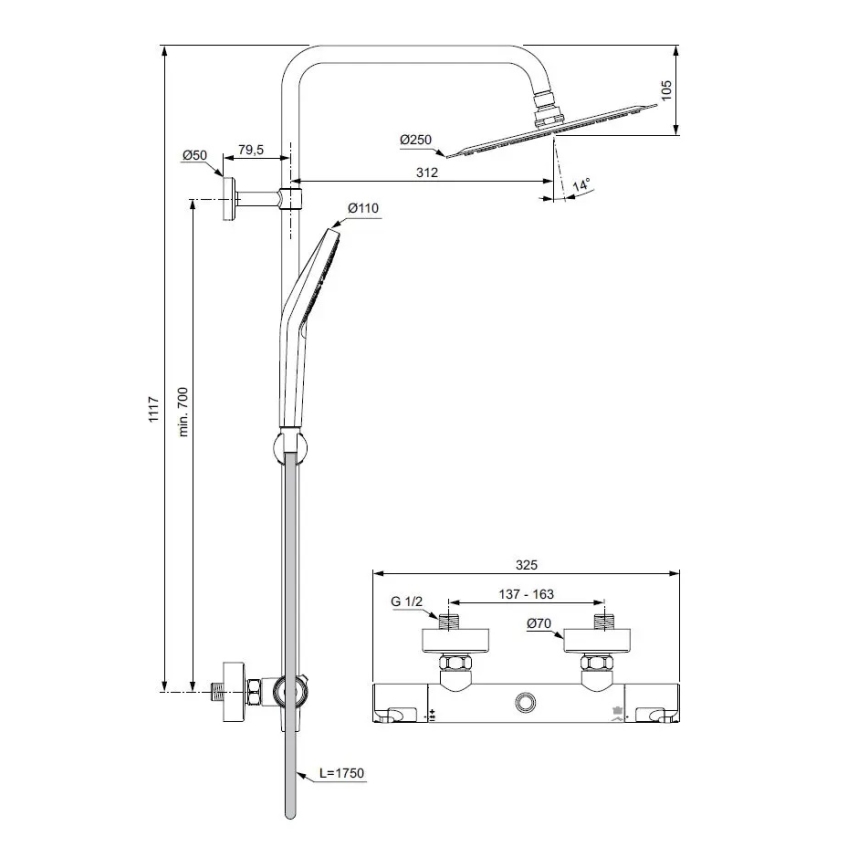 Ideal Standard A7565AA - Душовий комплект з термостатичним змішувачем CERATHERM T50, глянцевий хром