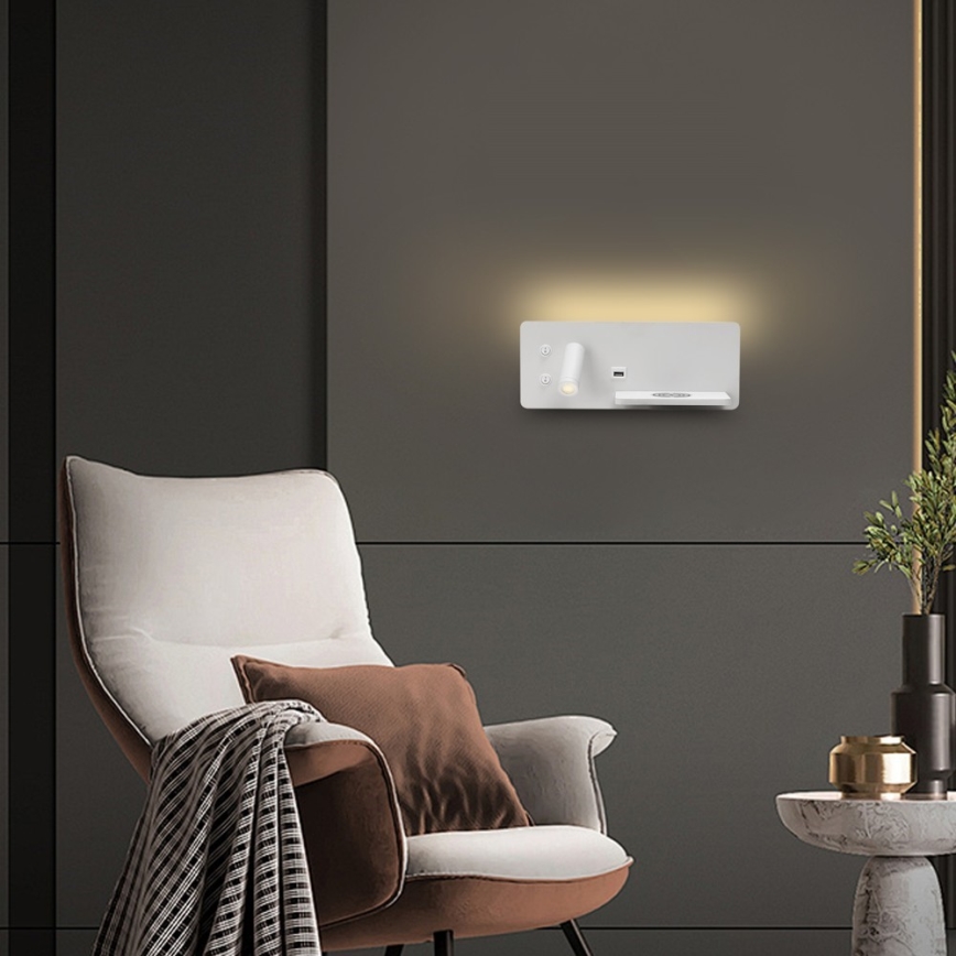 Immax 08285L - Светодиодный настенный точечный светильник с полкой, USB-портом и беспроводной зарядкой Be PREPARE LED/3W/230V + LED/3W белый