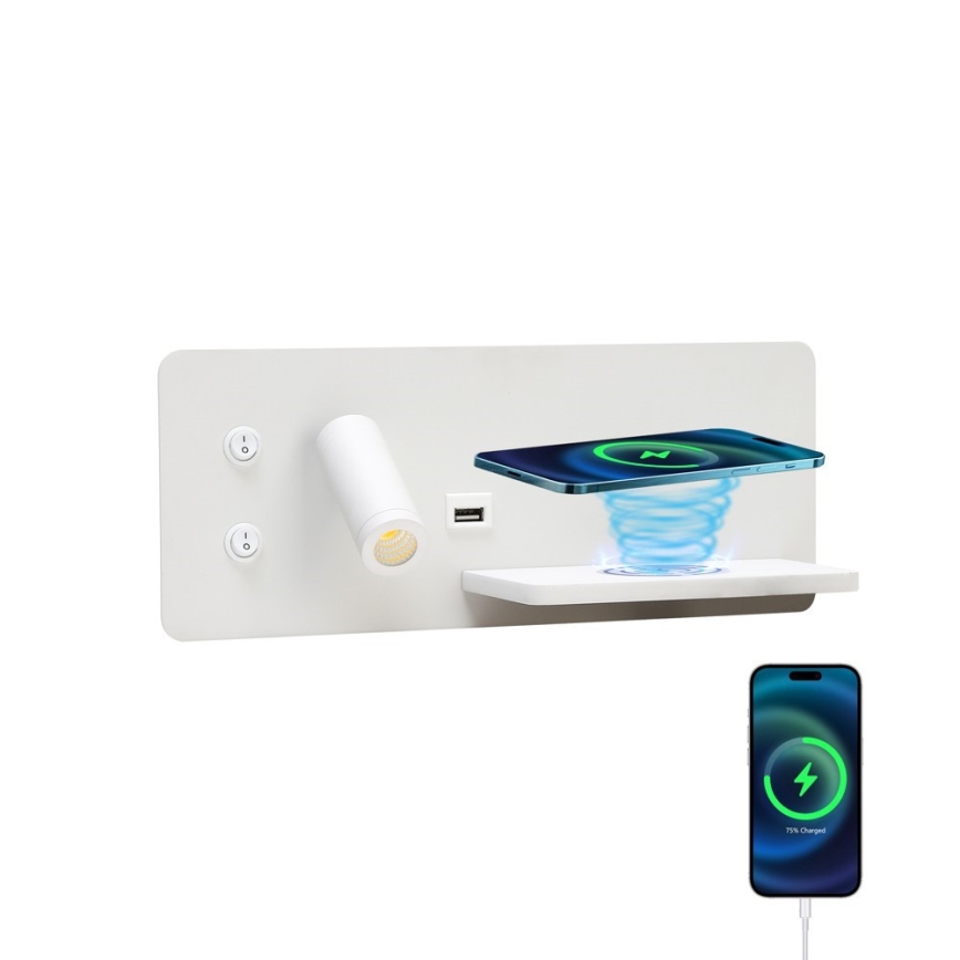 Immax 08285L - Светодиодный настенный точечный светильник с полкой, USB-портом и беспроводной зарядкой Be PREPARE LED/3W/230V + LED/3W белый