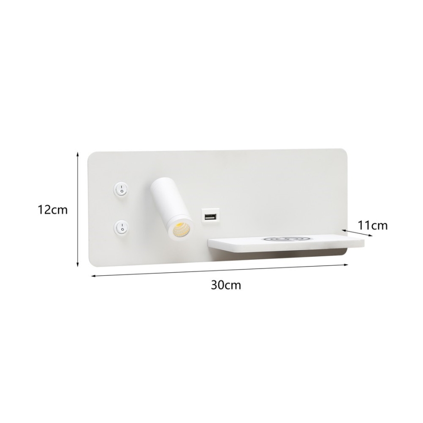Immax 08285L - Светодиодный настенный точечный светильник с полкой, USB-портом и беспроводной зарядкой Be PREPARE LED/3W/230V + LED/3W белый
