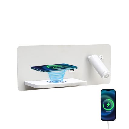 Immax 08286L - Светодиодный настенный точечный светильник с полкой, USB-портом и беспроводной зарядкой Be PREPARE LED/3W/230V + LED/3W белый