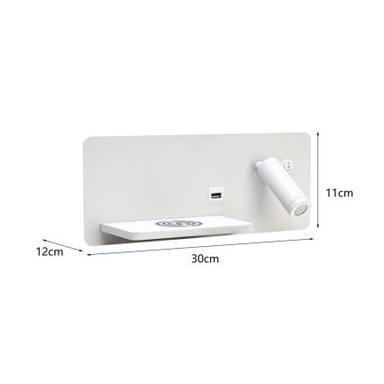 Immax 08286L - Светодиодный настенный точечный светильник с полкой, USB-портом и беспроводной зарядкой Be PREPARE LED/3W/230V + LED/3W белый