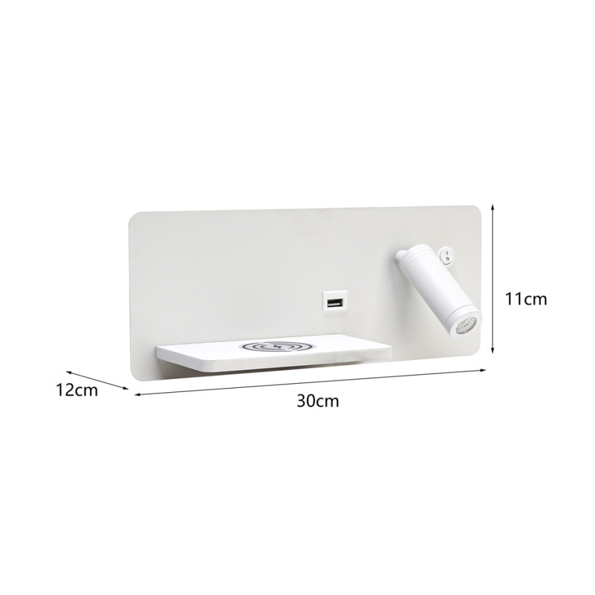 Immax 08286L - Светодиодный настенный точечный светильник с полкой, USB-портом и беспроводной зарядкой Be PREPARE LED/3W/230V + LED/3W белый