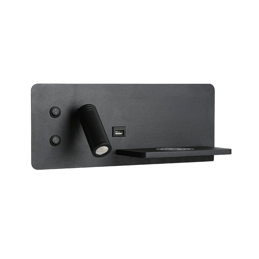 Immax 08287L - LED Настінний точковий світильник з поличкою, USB-портом і бездротовою зарядкою Be PREPARE LED/3W/230V + LED/3W чорний