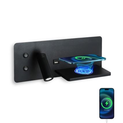 Immax 08287L - LED Настінний точковий світильник з поличкою, USB-портом і бездротовою зарядкою Be PREPARE LED/3W/230V + LED/3W чорний