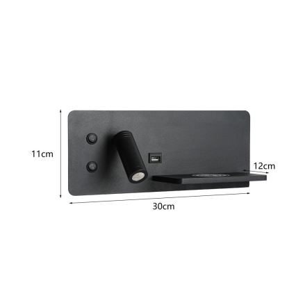Immax 08287L - Светодиодный настенный точечный светильник с полкой, USB-портом и беспроводной зарядкой Be PREPARE LED/3W/230V + LED/3W черный