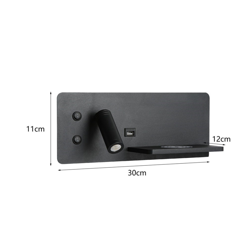 Immax 08287L - Светодиодный настенный точечный светильник с полкой, USB-портом и беспроводной зарядкой Be PREPARE LED/3W/230V + LED/3W черный