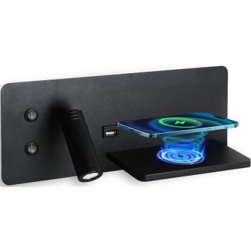 Immax 08287L - Светодиодный настенный точечный светильник с полкой, USB-портом и беспроводной зарядкой Be PREPARE LED/3W/230V + LED/3W черный