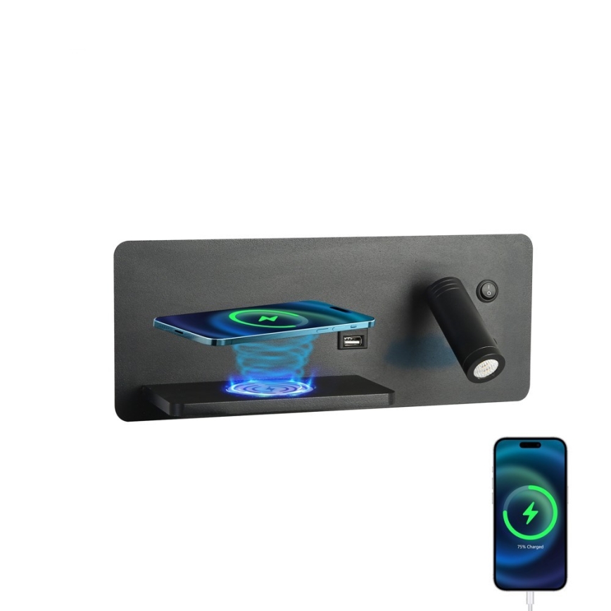 Immax 08288L - LED Настінний точковий світильник з поличкою, USB-портом і бездротовою зарядкою Be PREPARE LED/3W/230V + LED/3W чорний