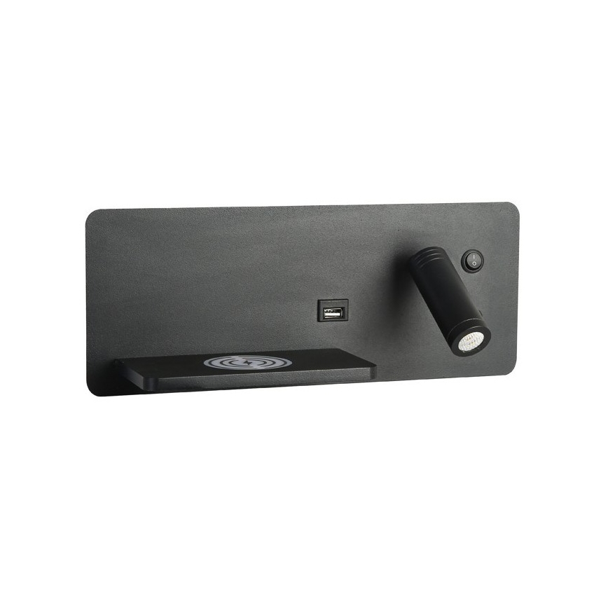 Immax 08288L - Светодиодный настенный точечный светильник с полкой, USB-портом и беспроводной зарядкой Be PREPARE LED/3W/230V + LED/3W черный