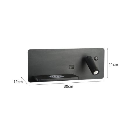 Immax 08288L - Светодиодный настенный точечный светильник с полкой, USB-портом и беспроводной зарядкой Be PREPARE LED/3W/230V + LED/3W черный
