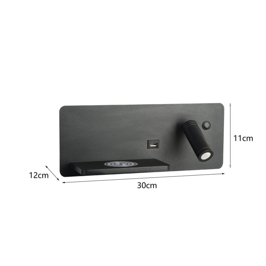 Immax 08288L - Светодиодный настенный точечный светильник с полкой, USB-портом и беспроводной зарядкой Be PREPARE LED/3W/230V + LED/3W черный