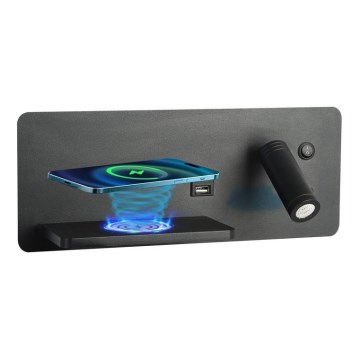 Immax 08288L - Светодиодный настенный светильник с полкой, USB-портом и беспроводной зарядкой Be PREPARE LED/3W/230V + LED/3W черный