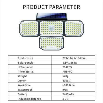 Светодиодный настенный светильник на солнечной батарее с датчиком LED/5W/5,5V IP65 2400 mAh