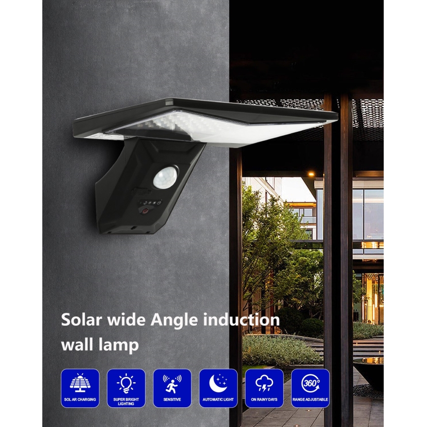 Светодиодный настенный светильник на солнечной батарее с датчиком LED/2,6W/5,5V IP65 1800 mAh черный