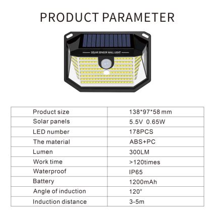 Светодиодный настенный светильник на солнечной батарее с датчиком LED/4W/5,5V IP65 1200 mAh