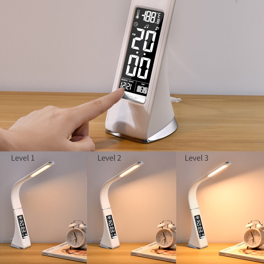Светодиодная настольная лампа с регулированием яркости и дисплеем LEATHER LED/7W/230V белый