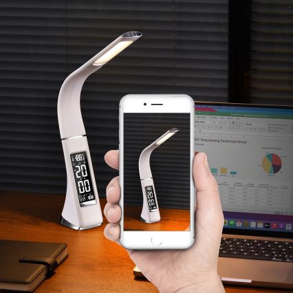 Светодиодная настольная лампа с регулированием яркости и дисплеем LEATHER LED/7W/230V белый