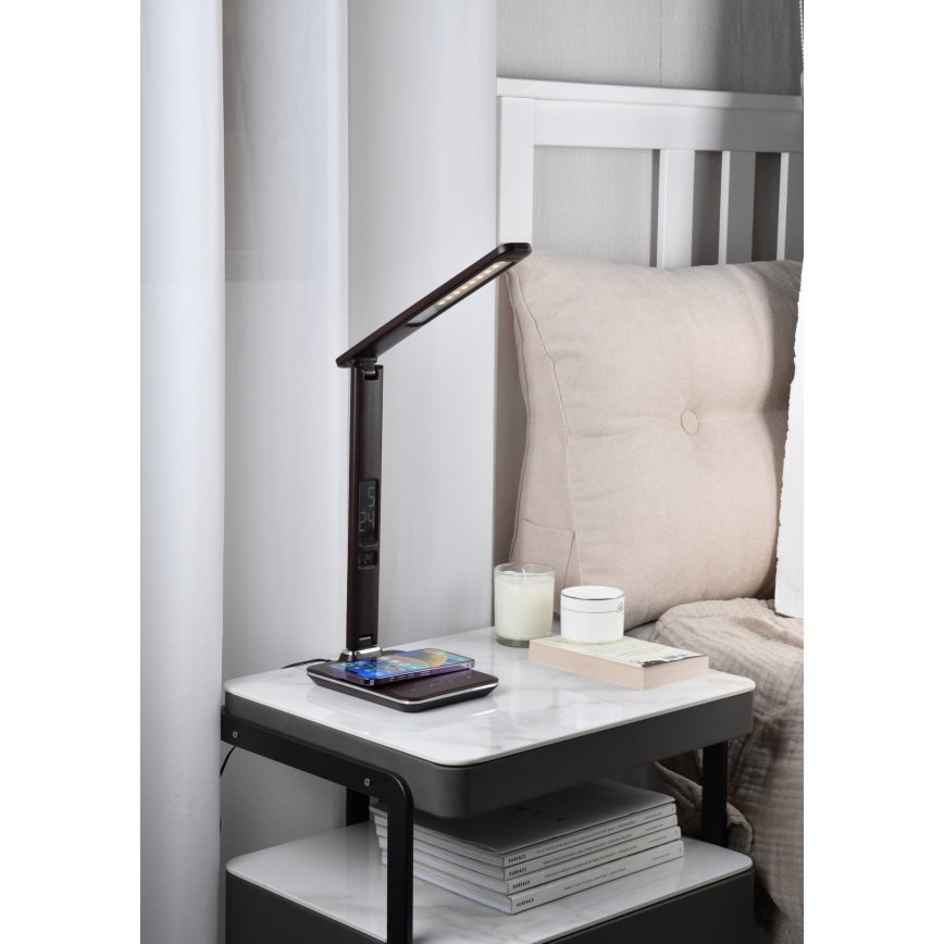 Світлодіодна настільна лампа з регулюванням яскравості та бездротовою зарядкою QI та USB KINGFISHER LED/8,5W/230V коричневий