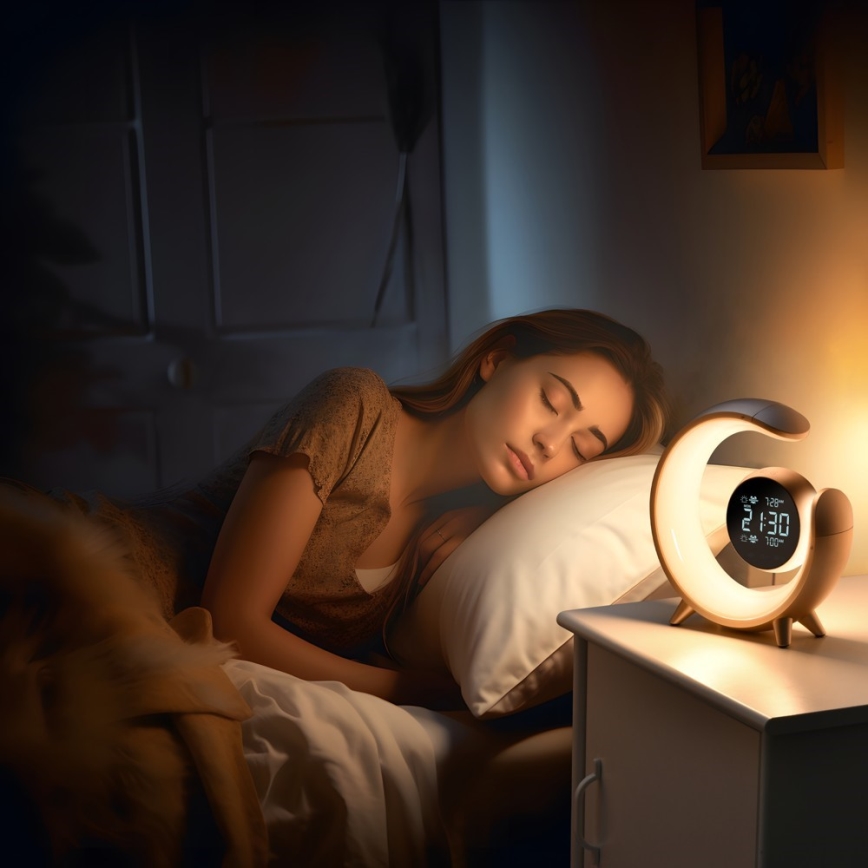 LED RGBW Настільна лампа з регулюванням яскравості з будильником PEACOCK LED/20W/5V USB