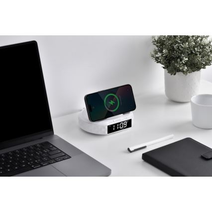 Будильник з LCD-дисплеєм та бездротовою Qi зарядкою 27 Вт/9 В 220 мАг білий