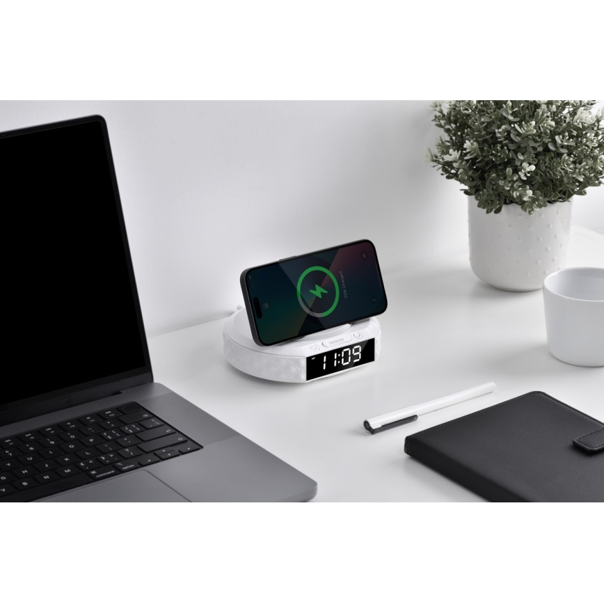 Будильник з LCD-дисплеєм та бездротовою Qi зарядкою 27 Вт/9 В 220 мАг білий