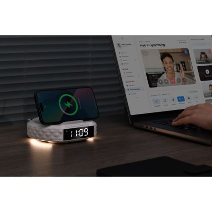 Будильник з LCD-дисплеєм та бездротовою Qi зарядкою 27 Вт/9 В 220 мАг білий