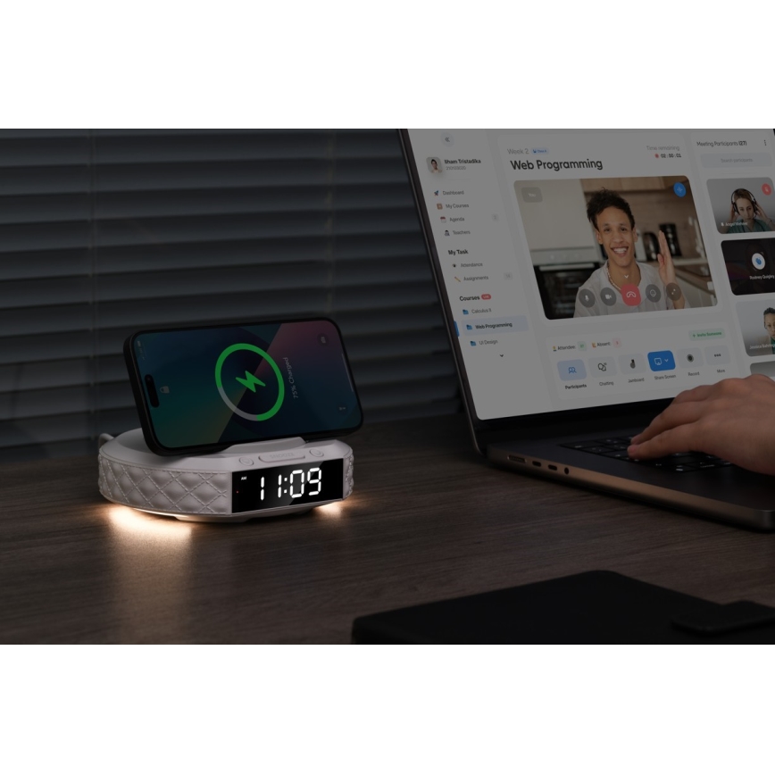 Будильник з LCD-дисплеєм та бездротовою Qi зарядкою 27 Вт/9 В 220 мАг білий