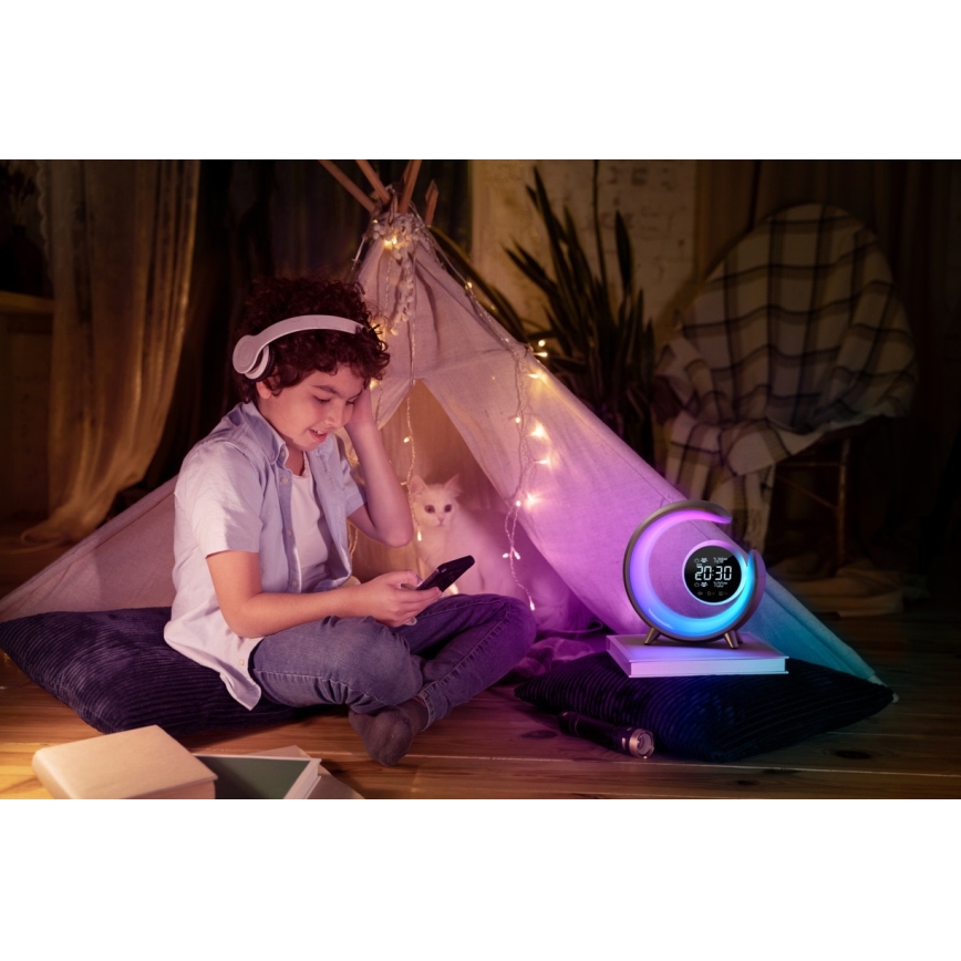 LED RGBW Настільна лампа з регулюванням яскравості та будильником LED/20W/5V USB срібний